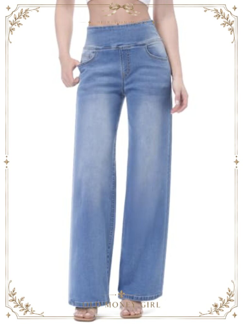 Wide Leg Pull On Jeans High Waisted Stretchy Tummy Control Denim Pants